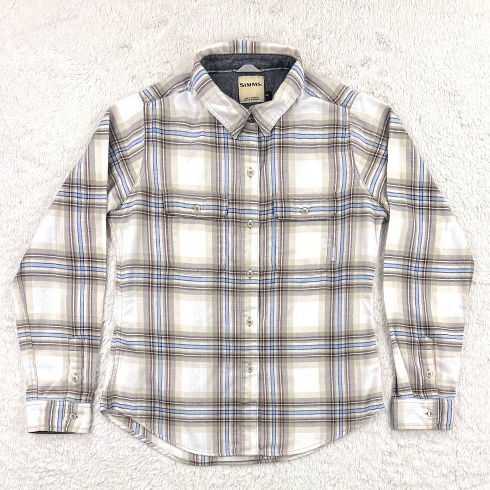 Simms Woven Shirt Women's Medium Beige Blue Plaid Long Sleeve Organic‎ Outdoors